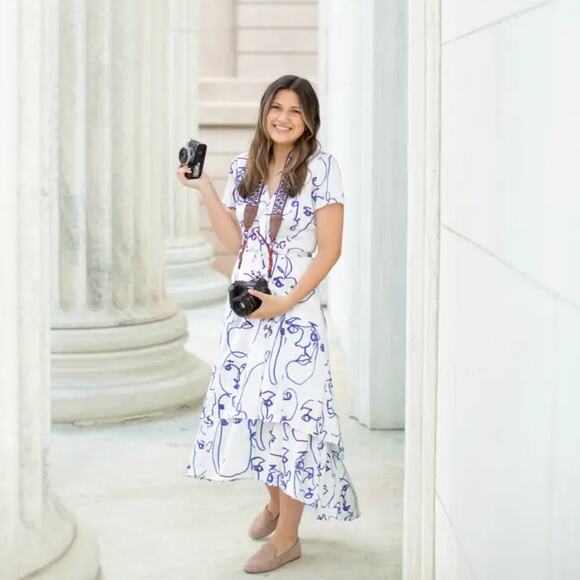 HUTCH Rosa Printed Wrap Dress Abstract Face Line Art Unique Blue White {HH51} - Picture 2 of 11